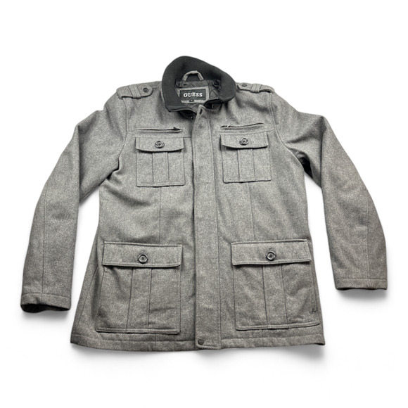 Guess Pea Coat Adult LARGE Gray Wool Quilted Lined Jacket Military Field - Picture 1 of 12